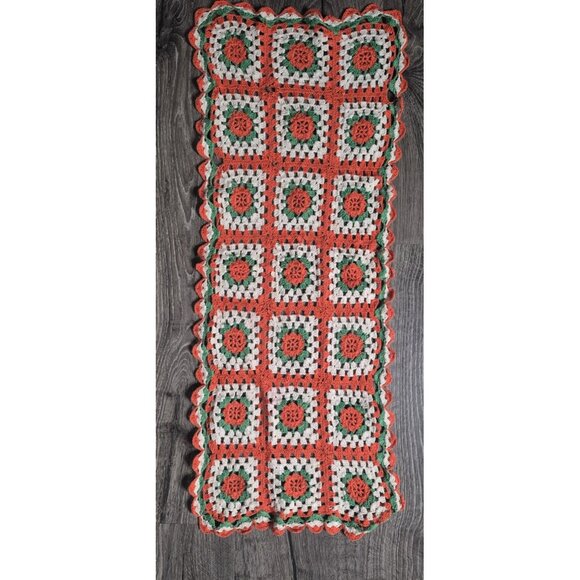 Vintage Handmade Crochet Afghan Christmas Table Runner Granny Square Boho - Picture 2 of 5